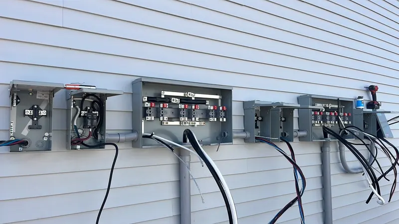 Row of new meter bases and service equipment on a multi-unit residential building