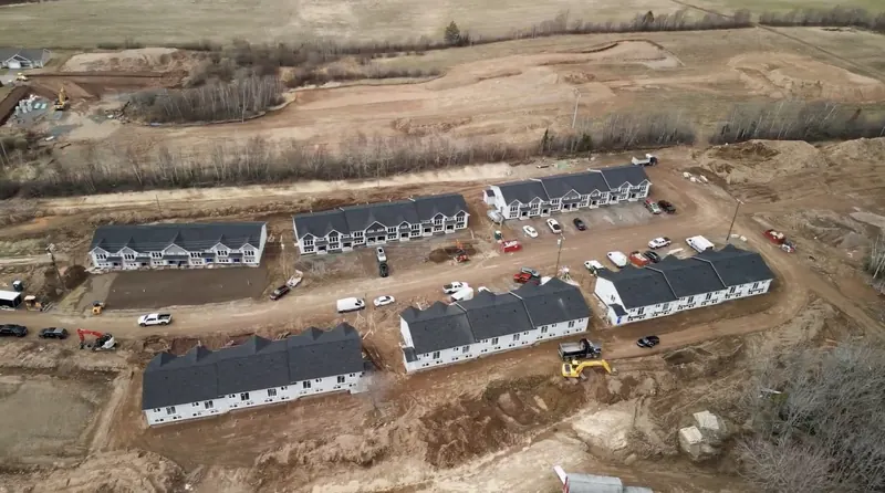 Aerial view of a townhouse subdivision under construction